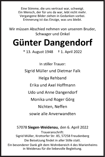 Traueranzeige von Günter Dangendorf von Siegener Zeitung