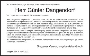 Traueranzeige von Günter Dangendorf von Siegener Zeitung