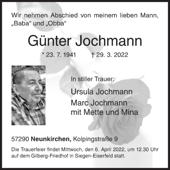 Traueranzeige von Günter Jochmann von Siegener Zeitung