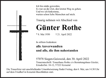 Traueranzeige von Günter Rothe von Siegener Zeitung