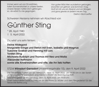 Traueranzeige von Günther Sting von Siegener Zeitung