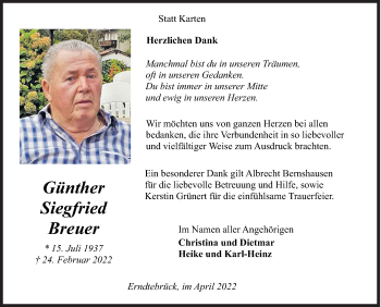 Traueranzeige von Günther Siegfried Breuer von Siegener Zeitung