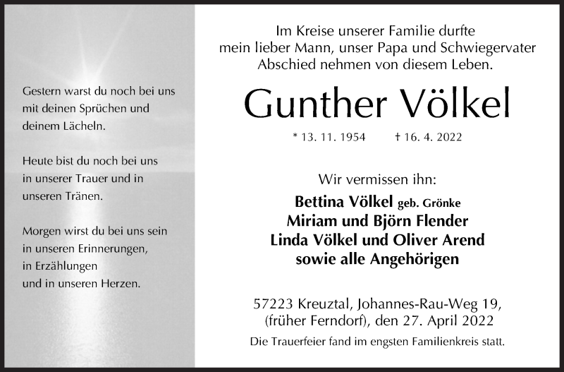  Traueranzeige für Gunther Völkel vom 27.04.2022 aus Siegener Zeitung