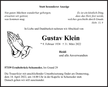 Traueranzeige von Gustav Klein von Siegener Zeitung