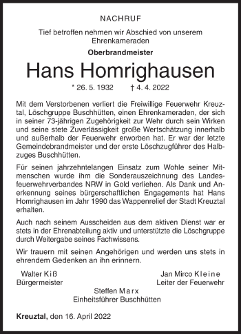 Traueranzeige von Hans Homrighausen von Siegener Zeitung