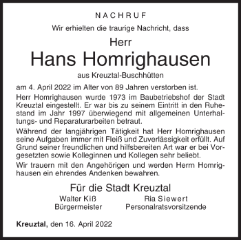 Traueranzeige von Hans Homrighausen von Siegener Zeitung