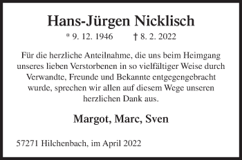 Traueranzeige von Hans-Jürgen Nicklisch von Siegener Zeitung