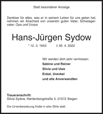 Traueranzeige von Hans-Jürgen Sydow von Siegener Zeitung