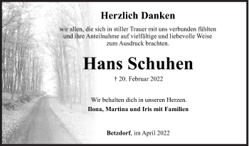 Traueranzeige von Hans Schuhen von Siegener Zeitung