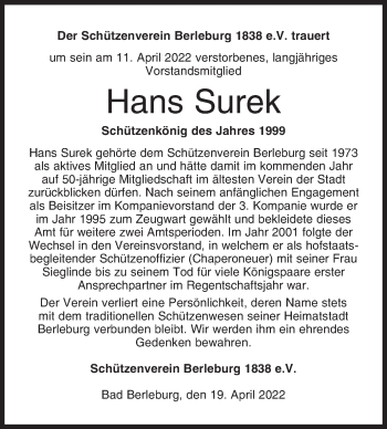Traueranzeige von Hans Surek von Siegener Zeitung