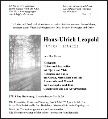 Traueranzeige von Hans-Ulrich Leopold von Siegener Zeitung