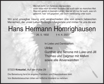 Traueranzeige von Hans Hermann Homrighausen von Siegener Zeitung