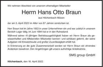 Traueranzeige von Hans Otto Braun von Siegener Zeitung