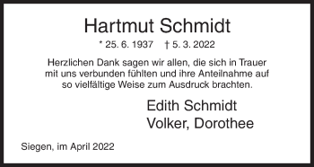 Traueranzeige von Hartmut Schmidt von Siegener Zeitung
