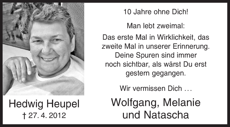  Traueranzeige für Hedwig Heupel vom 27.04.2022 aus Siegener Zeitung
