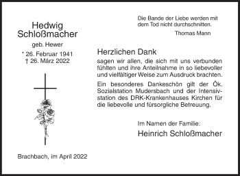 Traueranzeige von Hedwig Schloßmacher von Siegener Zeitung