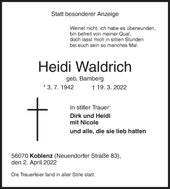 Traueranzeige von Heidi Waldrich von Siegener Zeitung
