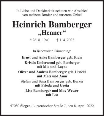 Traueranzeige von Heinrich Bamberger von Siegener Zeitung
