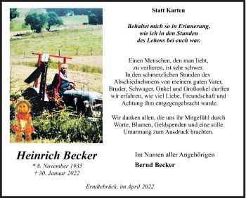 Traueranzeige von Heinrich Becker von Siegener Zeitung