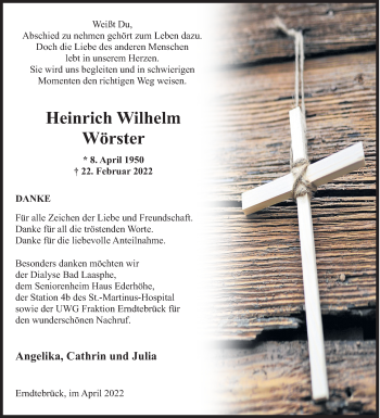 Traueranzeige von Heinrich Wilhelm Wörster von Siegener Zeitung