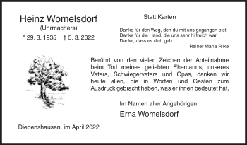 Traueranzeige von Heinz Womelsdorf von Siegener Zeitung