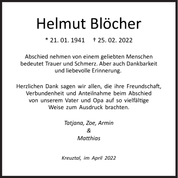 Traueranzeige von Helmut Blöcher von Siegener Zeitung