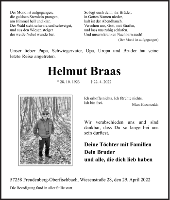 Traueranzeige von Helmut Braas von Siegener Zeitung
