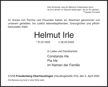 Traueranzeige von Helmut Irle von Siegener Zeitung