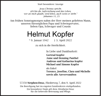 Traueranzeige von Helmut Kopfer von Siegener Zeitung
