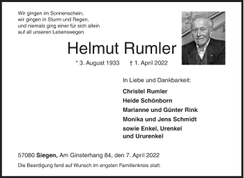 Traueranzeige von Helmut Rumler von Siegener Zeitung