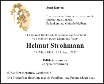 Traueranzeige von Helmut Strohmann von Siegener Zeitung