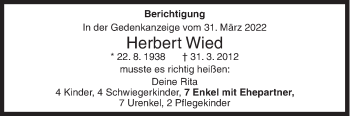 Traueranzeige von Herbert Wied von Siegener Zeitung