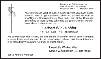 Traueranzeige von Herbert Winkelhöfer von Siegener Zeitung
