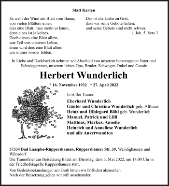 Traueranzeige von Herbert Wunderlich von Siegener Zeitung