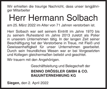 Traueranzeige von Hermann Solbach von Siegener Zeitung