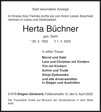 Traueranzeige von Herta Büchner von Siegener Zeitung