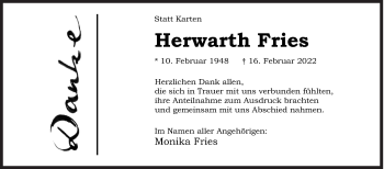 Traueranzeige von Herwarth Fries von Siegener Zeitung