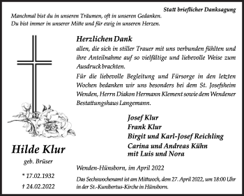 Traueranzeige von Hilde Klur von Siegener Zeitung