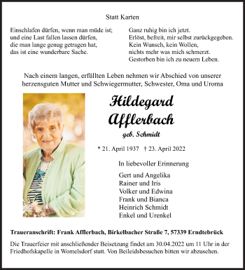 Traueranzeige von Hildegard Afflerbach von Siegener Zeitung