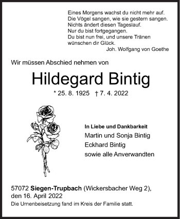 Traueranzeige von Hildegard Bintig von Siegener Zeitung