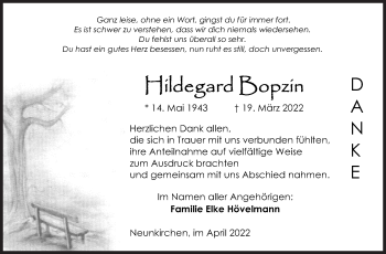 Traueranzeige von Hildegard Bopzin von Siegener Zeitung
