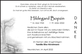 Traueranzeige von Hildegard Bopzin von Siegener Zeitung