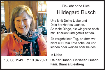 Traueranzeige von Hildegard Busch von Siegener Zeitung