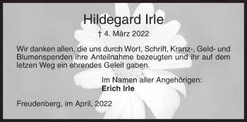 Traueranzeige von Hildegard Irle von Siegener Zeitung