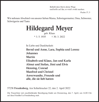 Traueranzeige von Hildegard Meyer von Siegener Zeitung