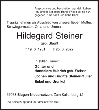 Traueranzeige von Hildegard Steiner von Siegener Zeitung