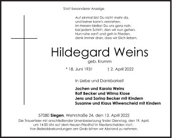 Traueranzeige von Hildegard Weins von Siegener Zeitung