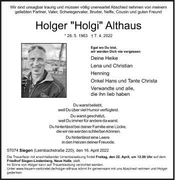 Traueranzeige von Holger  Althaus von Siegener Zeitung