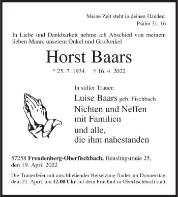 Traueranzeige von Horst Baars von Siegener Zeitung