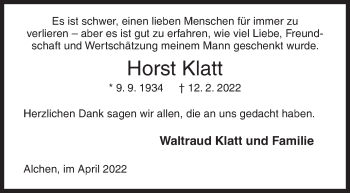Traueranzeige von Horst Klatt von Siegener Zeitung